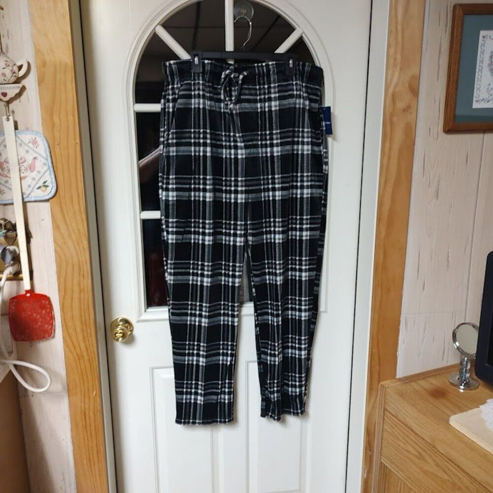New Preswick & Moore Black White Plaid Silky Fleece Sleep Pants Men's 2XL